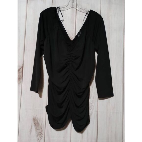 City Chic Shirt Ladies Large Black‎ Long Sleeve Bodycon Deep VNeck - Picture 1 of 7